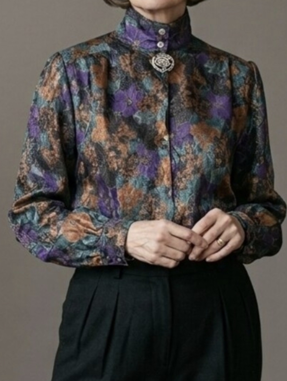 Vintage 80s Floral Tie-Neck Blouse in Purple, Teal & Brown